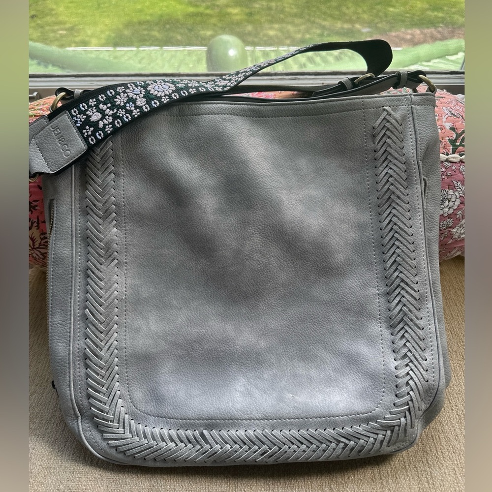 Jen & Co. Aris Hobo Bag with Whipstitch Guitar Strap Light Gray